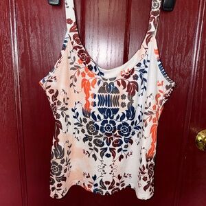 Floral Print Scoop Neck Tank Top - White with Navy & Orange